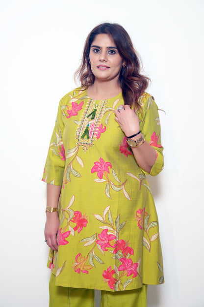 Olivia - Yellow Cotton Silk Short A-Line Kurta with Palazzo Set
