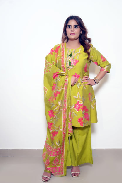 Olivia - Yellow Cotton Silk Short A-Line Kurta with Palazzo Set