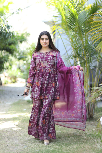 Gulbahar Floral Magenta Navy Sharara Kurta Set with Dupatta