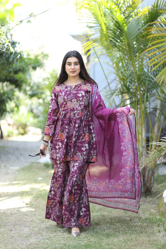 Gulbahar Floral Magenta Navy Sharara Kurta Set with Dupatta
