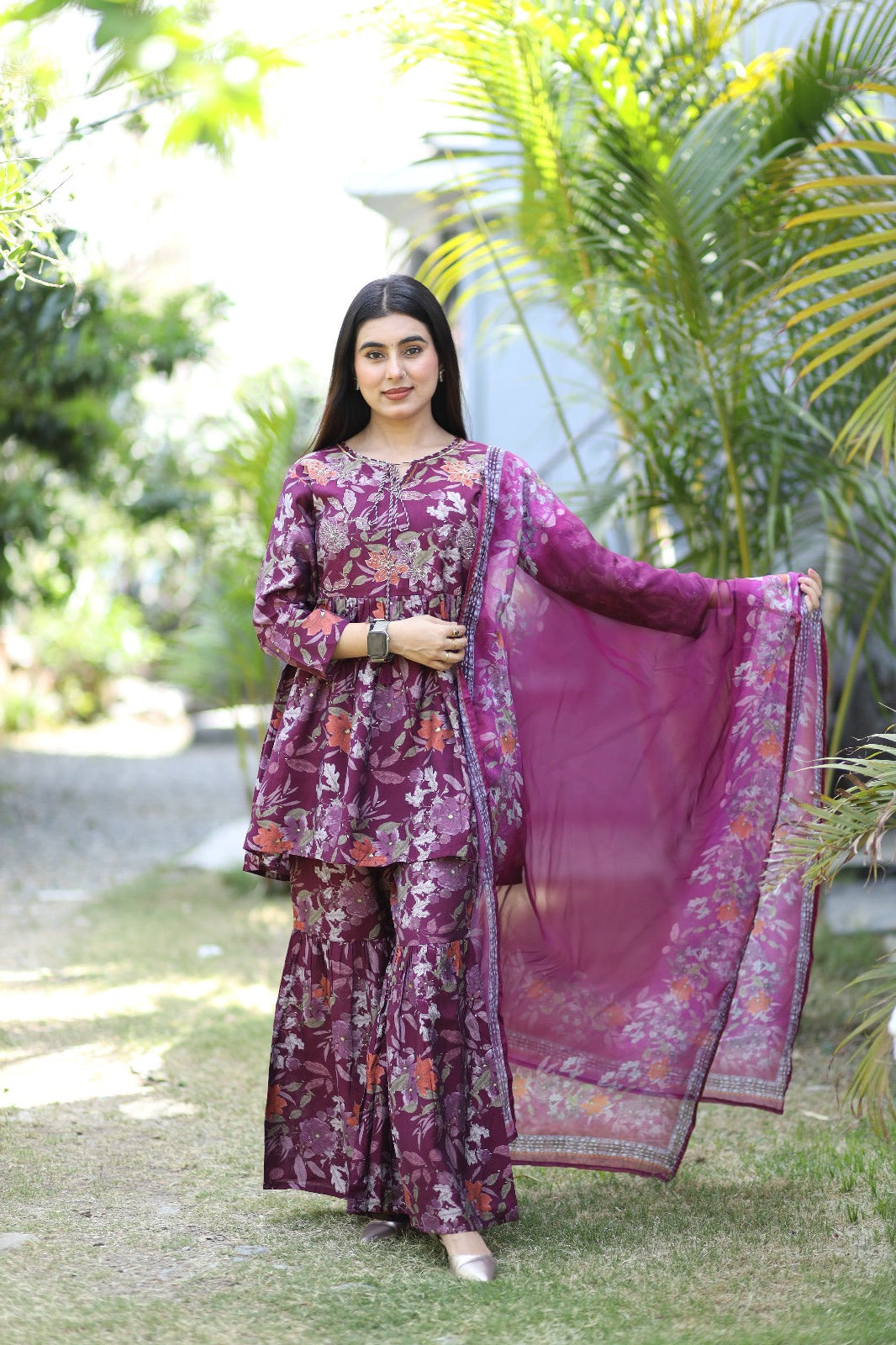 Gulbahar Floral Magenta Navy Sharara Kurta Set with Dupatta