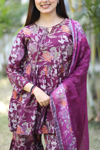 Gulbahar Floral Magenta Navy Sharara Kurta Set with Dupatta