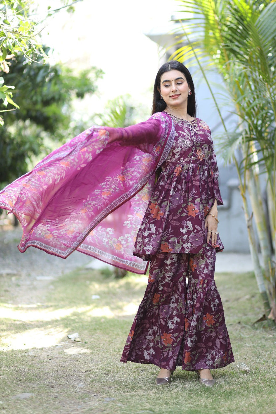 Gulbahar Floral Magenta Navy Sharara Kurta Set with Dupatta