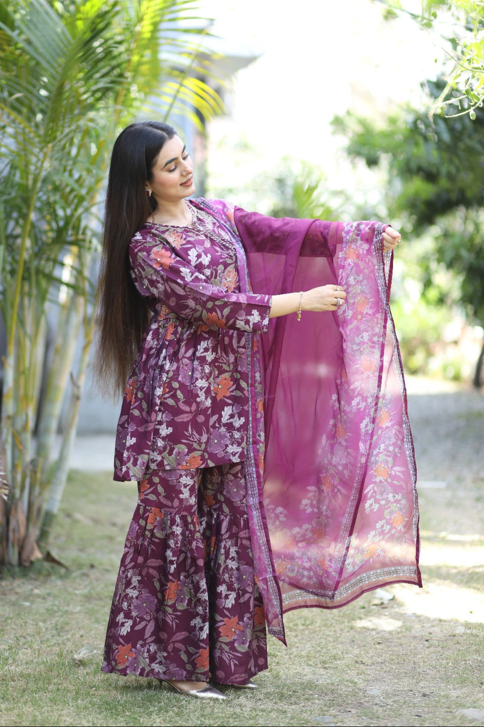 Gulbahar Floral Magenta Navy Sharara Kurta Set with Dupatta