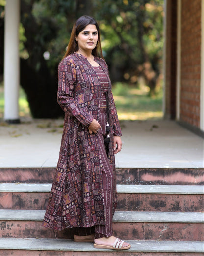 Tribal Mosaic Printed Cotton Coord Set with Jacket – Maroon & Rust