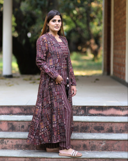 Tribal Mosaic Printed Cotton Coord Set with Jacket – Maroon & Rust