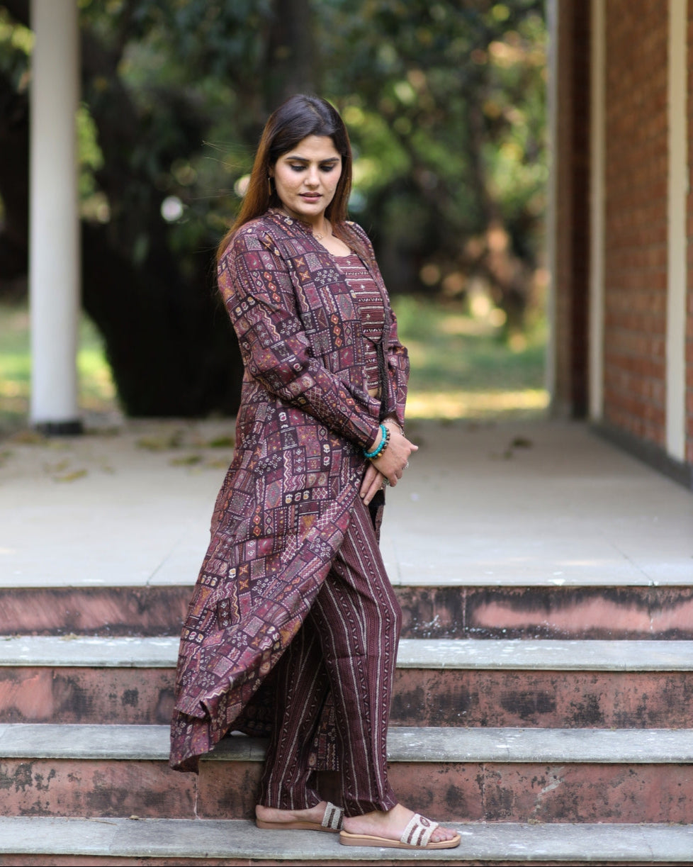 Tribal Mosaic Printed Cotton Coord Set with Jacket – Maroon & Rust