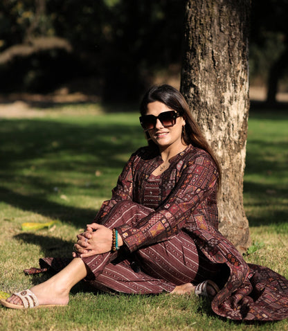 Tribal Mosaic Printed Cotton Coord Set with Jacket – Maroon & Rust