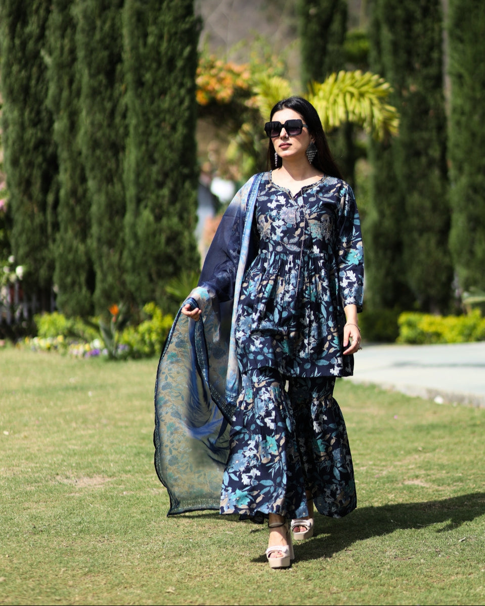 Gulbahar Floral Magenta Navy Sharara Kurta Set with Dupatta