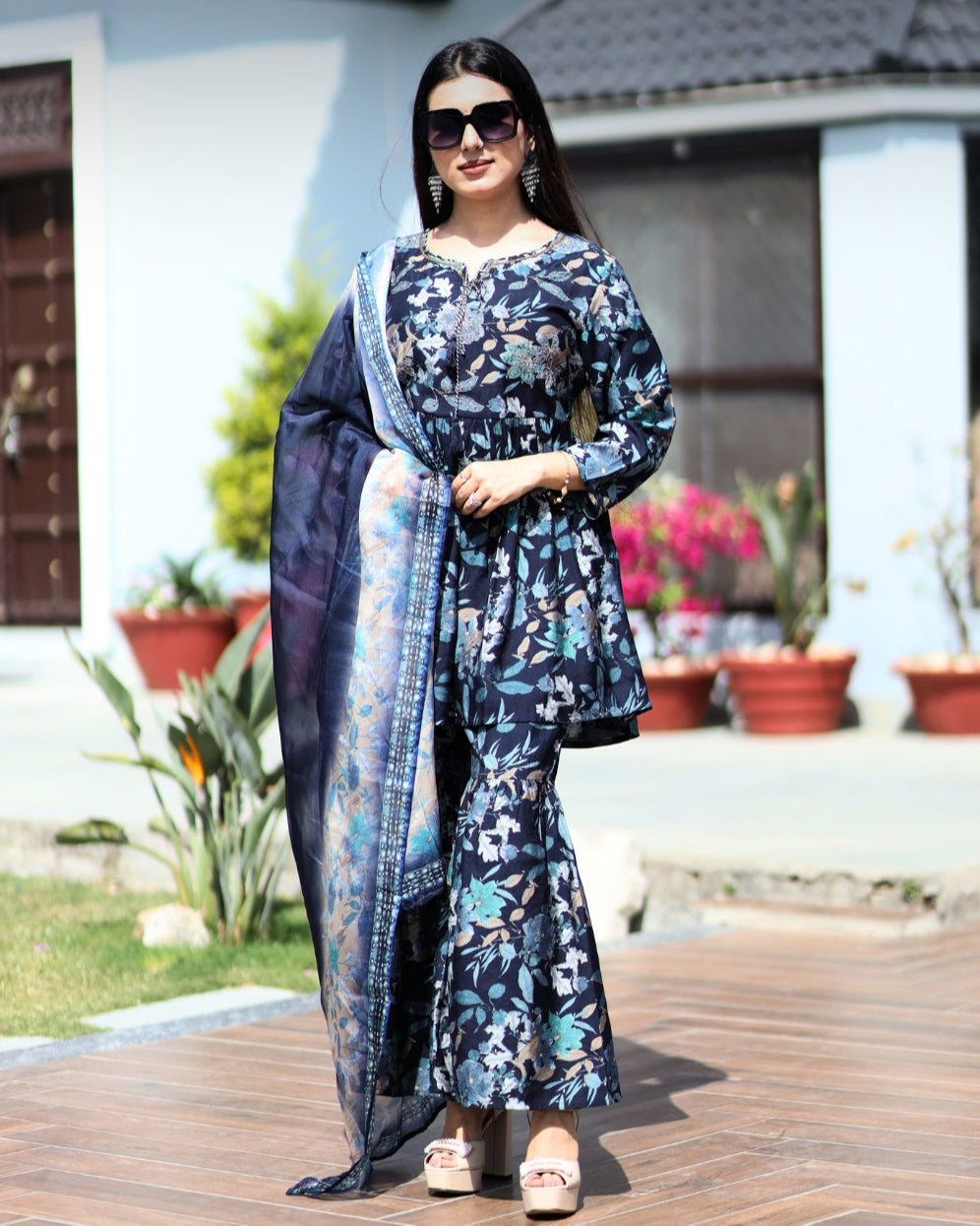 Gulbahar Floral Magenta Navy Sharara Kurta Set with Dupatta