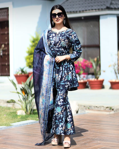 Gulbahar Floral Magenta Navy Sharara Kurta Set with Dupatta