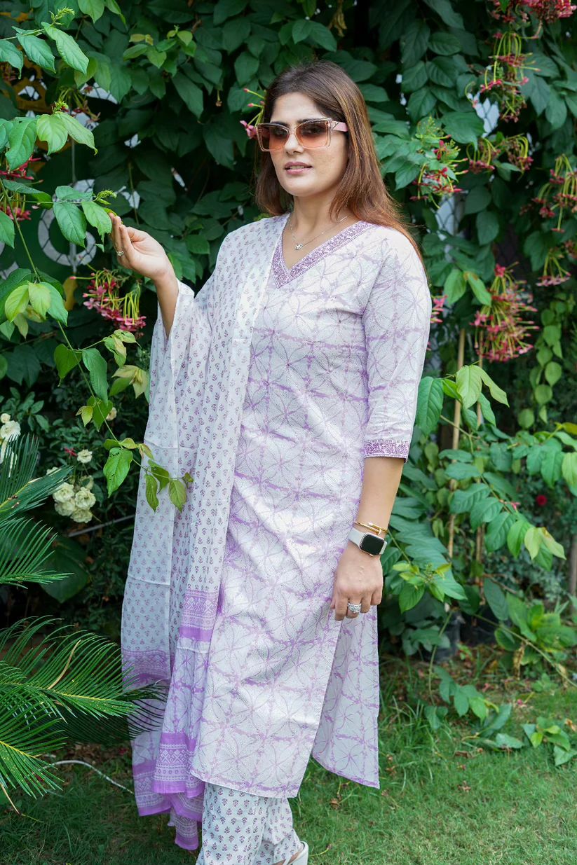 Aarvi Soft Cotton Printed Suit Set (Lavender & Aqua Blue Variants)