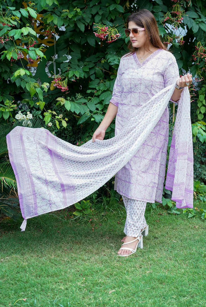 Aarvi Soft Cotton Printed Suit Set (Lavender & Aqua Blue Variants)