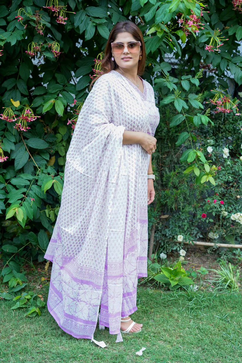 Aarvi Soft Cotton Printed Suit Set (Lavender & Aqua Blue Variants)